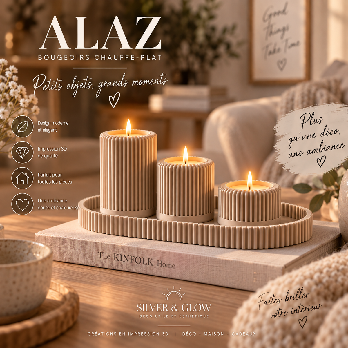 ALAZ – Bougeoirs & plateau design Silver & Glow