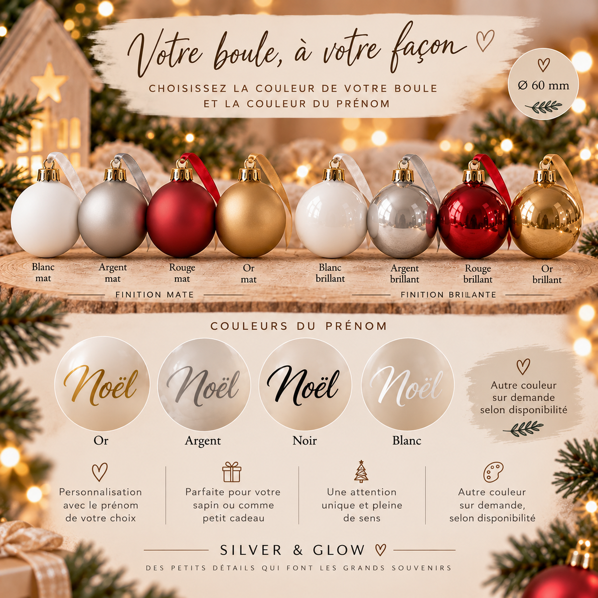 Sapin de table avec boule de Noël personnalisée – Marque-place | Silver & Glow