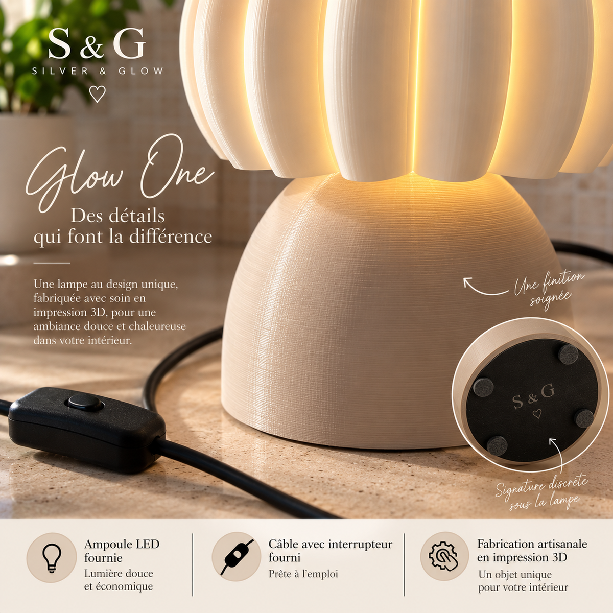 GLOW ONE – Lampe design Silver & Glow