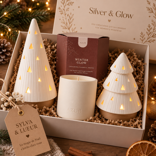 SYLVA & LUEUR – Coffret de Noël 2 sapins lumineux et bougie AZUR