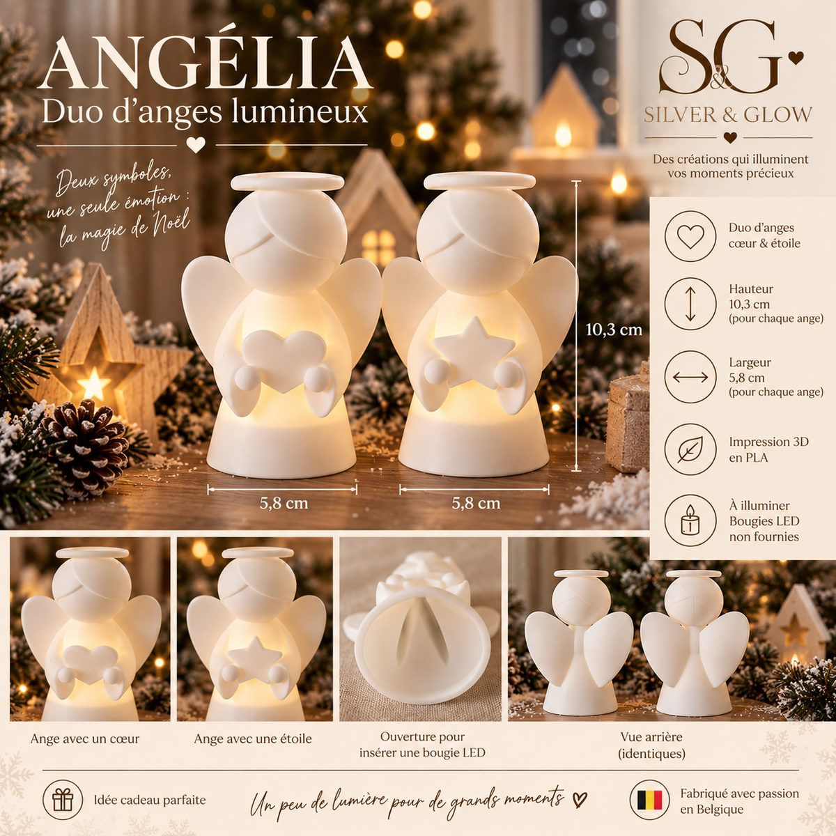 ANGÉLIA – Duo d'anges lumineux de Noël | Silver & Glow