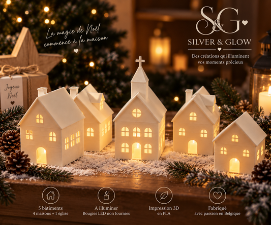 LE VILLAGE LUMINEUX – Ensemble de 5 maisons de Noël | Silver & Glow