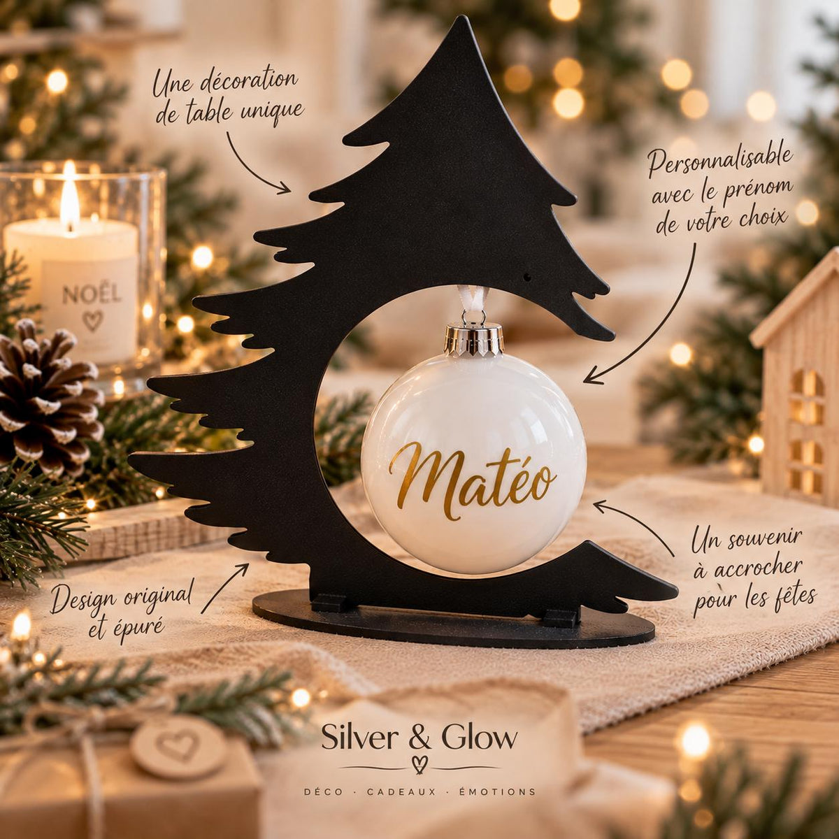 Sapin de table avec boule de Noël personnalisée – Marque-place | Silver & Glow