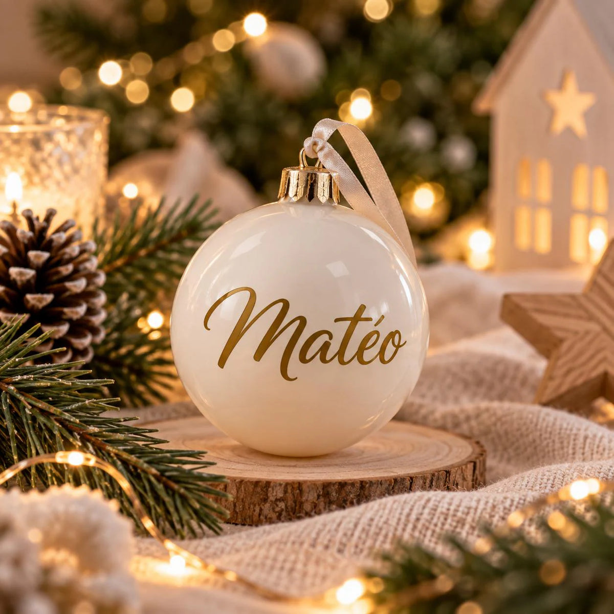 Sapin de table avec boule de Noël personnalisée – Marque-place | Silver & Glow